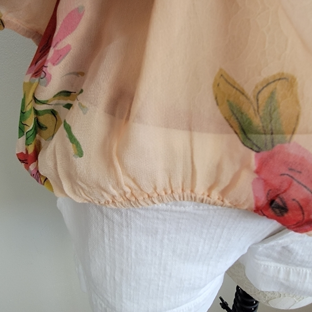 Anthropologie Boho Top One Fine Day Tea Rose Floral Sheer Pleated Pin Tucked S - Picture 5 of 16
